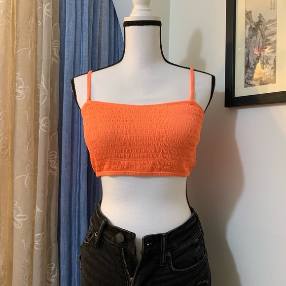 California Sunshine Neon Orange Smocked Bikini Top